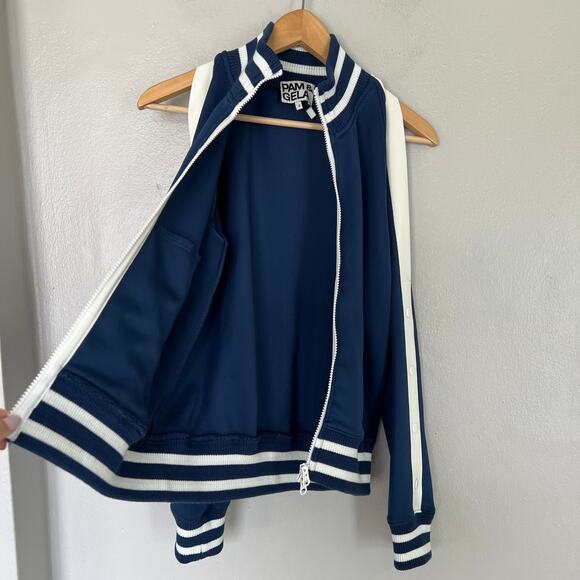 Pam & Gela Track Jacket Lightweight Zip Up Cold Shoulder Blue White Women's Sz S - Picture 4 of 10